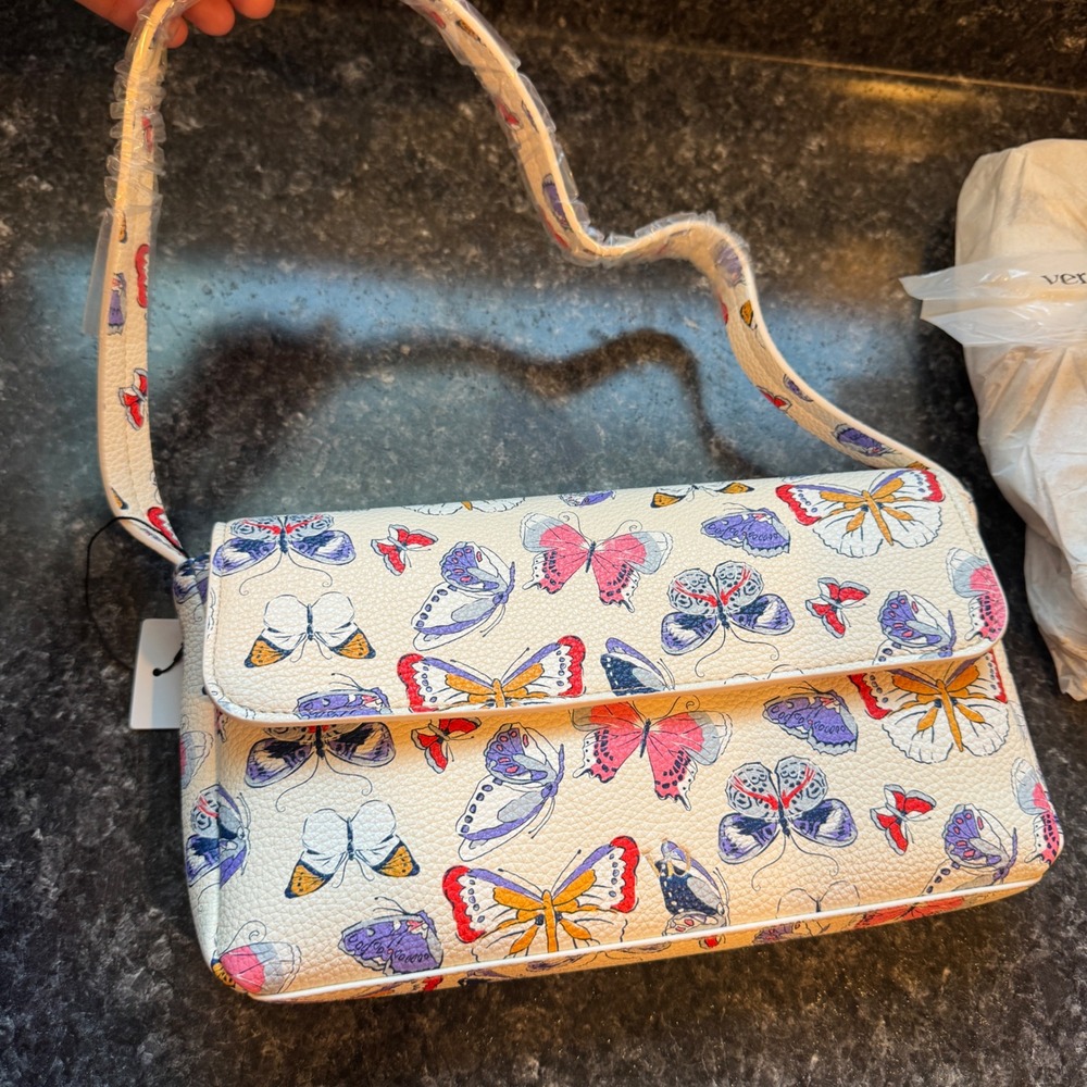 Vera Bradley Butterflies in Flight Flap Shoulder Bag Faux Leather Cream NEW